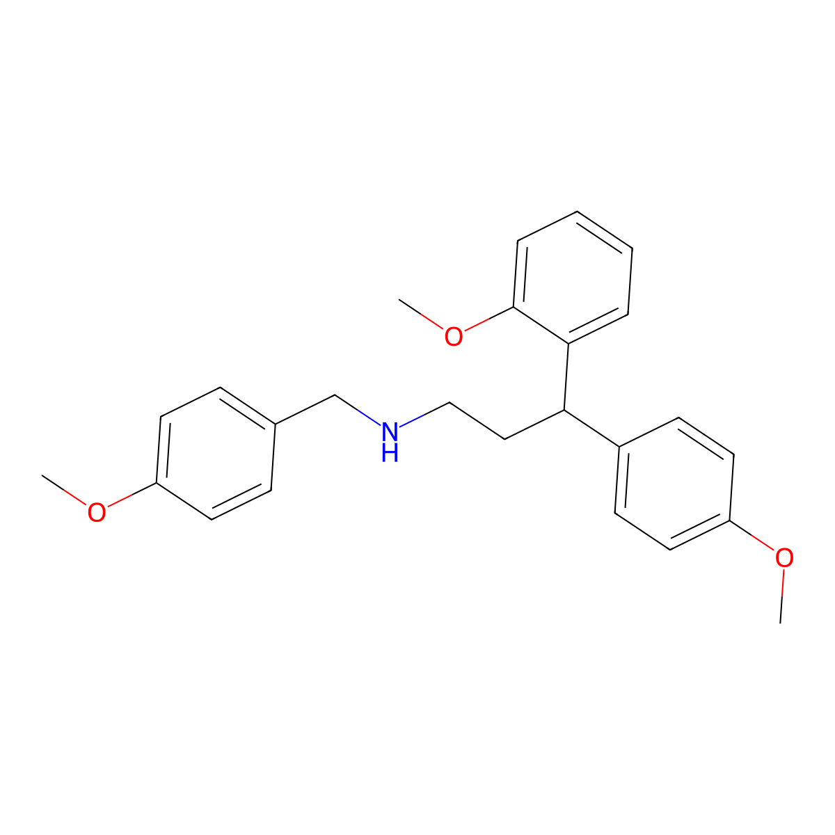 3-(2-methoxyphenyl)-3-(4-methoxyphenyl)-N-[(4-methoxyphenyl)methyl]propan-1-amine molecular structure, CAS 673437-41-7