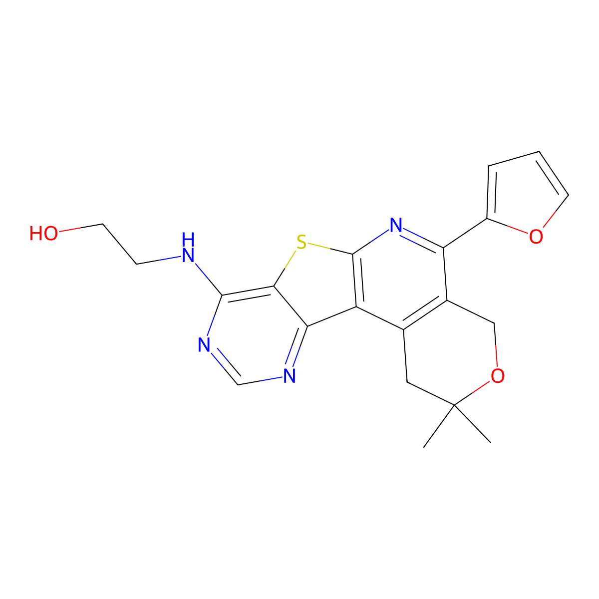 2-((5-(furan-2-yl)-2,2-dimethyl-2,4-dihydro-1H-pyrano[4'',3'':4',5']pyrido[3',2':4,5]thieno[3,2-d]pyrimidin-8-yl)amino)ethanol molecular structure, CAS 673437-68-8