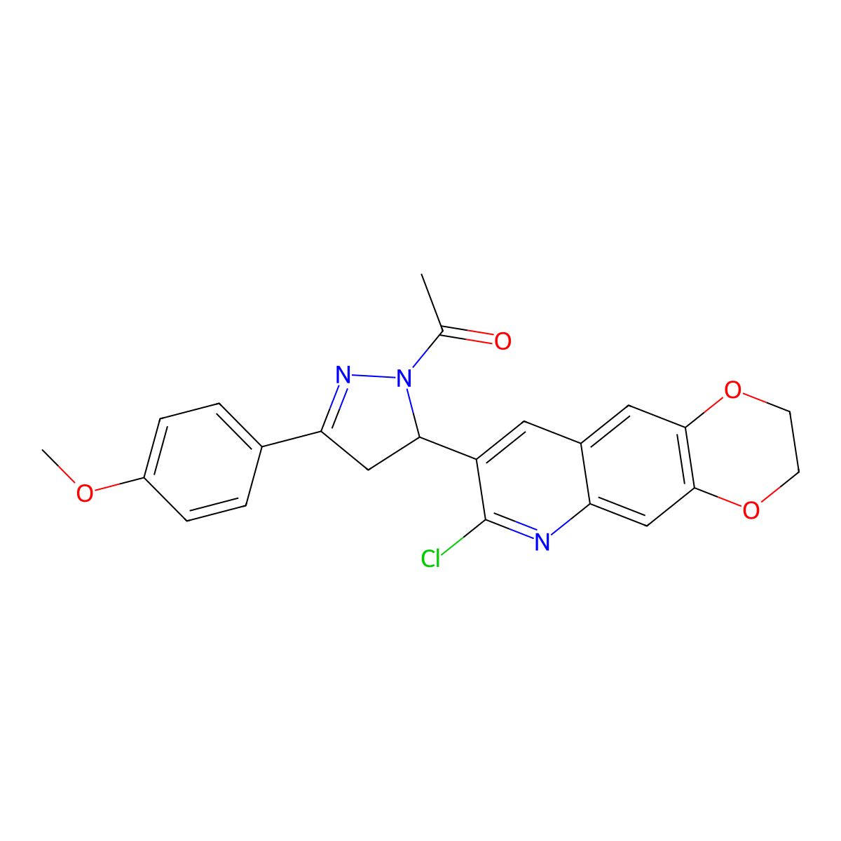 1-(5-(7-chloro-2,3-dihydro-[1,4]dioxino[2,3-g]quinolin-8-yl)-3-(4-methoxyphenyl)-4,5-dihydro-1H-pyrazol-1-yl)ethanone molecular structure, CAS 673438-53-4