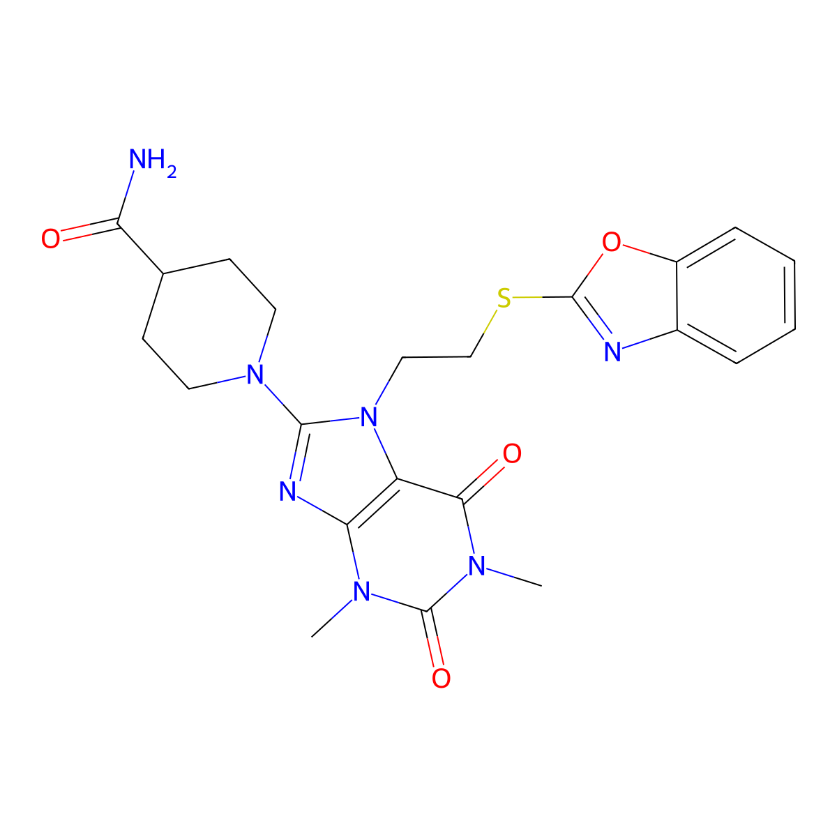 1-(7-(2-(benzo[d]oxazol-2-ylthio)ethyl)-1,3-dimethyl-2,6-dioxo-2,3,6,7-tetrahydro-1H-purin-8-yl)piperidine-4-carboxamide molecular structure, CAS 673439-39-9