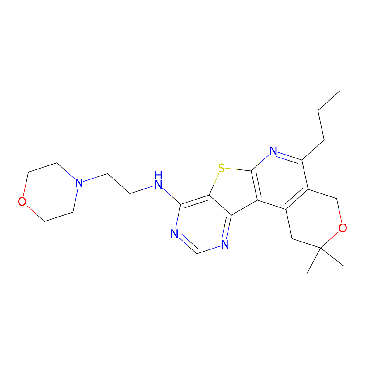 2,2-dimethyl-N-(2-morpholinoethyl)-5-propyl-2,4-dihydro-1H-pyrano[4'',3'':4',5']pyrido[3',2':4,5]thieno[3,2-d]pyrimidin-8-amine molecular structure, CAS 673439-75-3