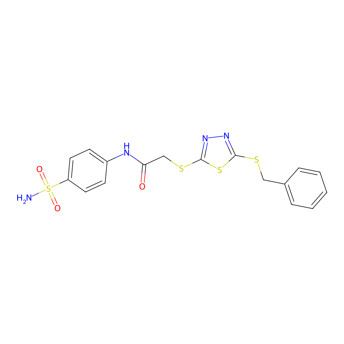 2-{[5-(benzylsulfanyl)-1,3,4-thiadiazol-2-yl]sulfanyl}-N-(4-sulfamoylphenyl)acetamide molecular structure, CAS 673440-31-8