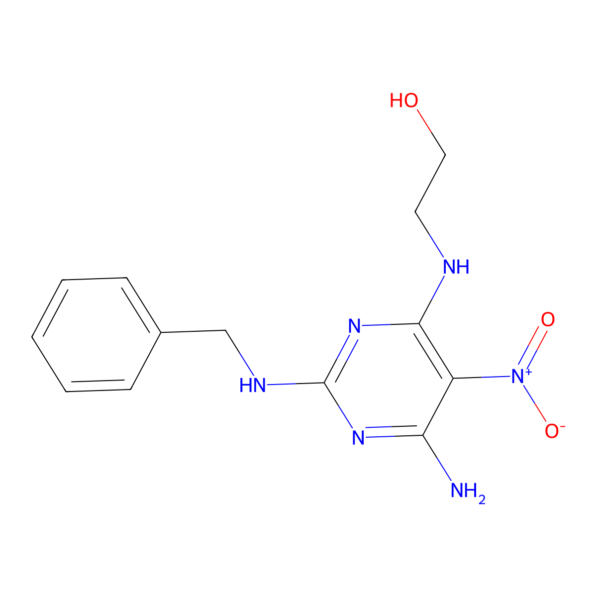 2-[[6-Amino-2-(benzylamino)-5-nitropyrimidin-4-yl]amino]ethanol molecular structure, CAS 673440-76-1