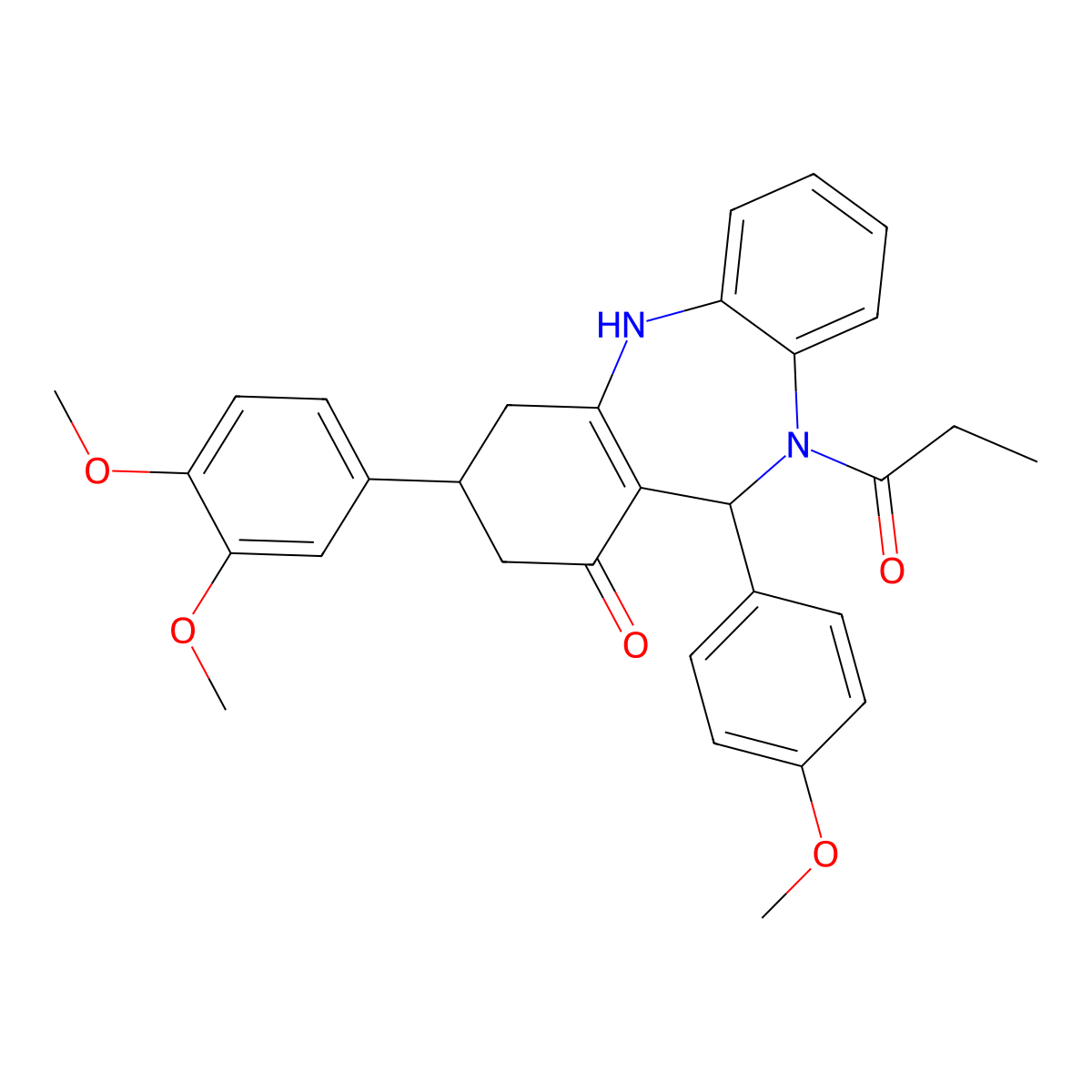 1-[3-(3,4-dimethoxyphenyl)-1-hydroxy-11-(4-methoxyphenyl)-2,3,4,11-tetrahydro-10H-dibenzo[b,e][1,4]diazepin-10-yl]propan-1-one molecular structure, CAS 673441-11-7
