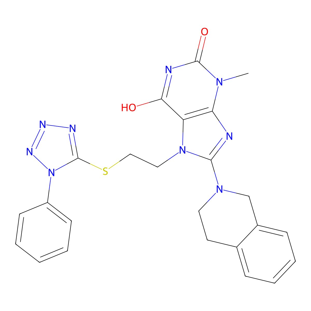 8-(3,4-dihydro-1H-isoquinolin-2-yl)-3-methyl-7-[2-(1-phenyltetrazol-5-yl)sulfanylethyl]purine-2,6-dione molecular structure, CAS 673441-21-9
