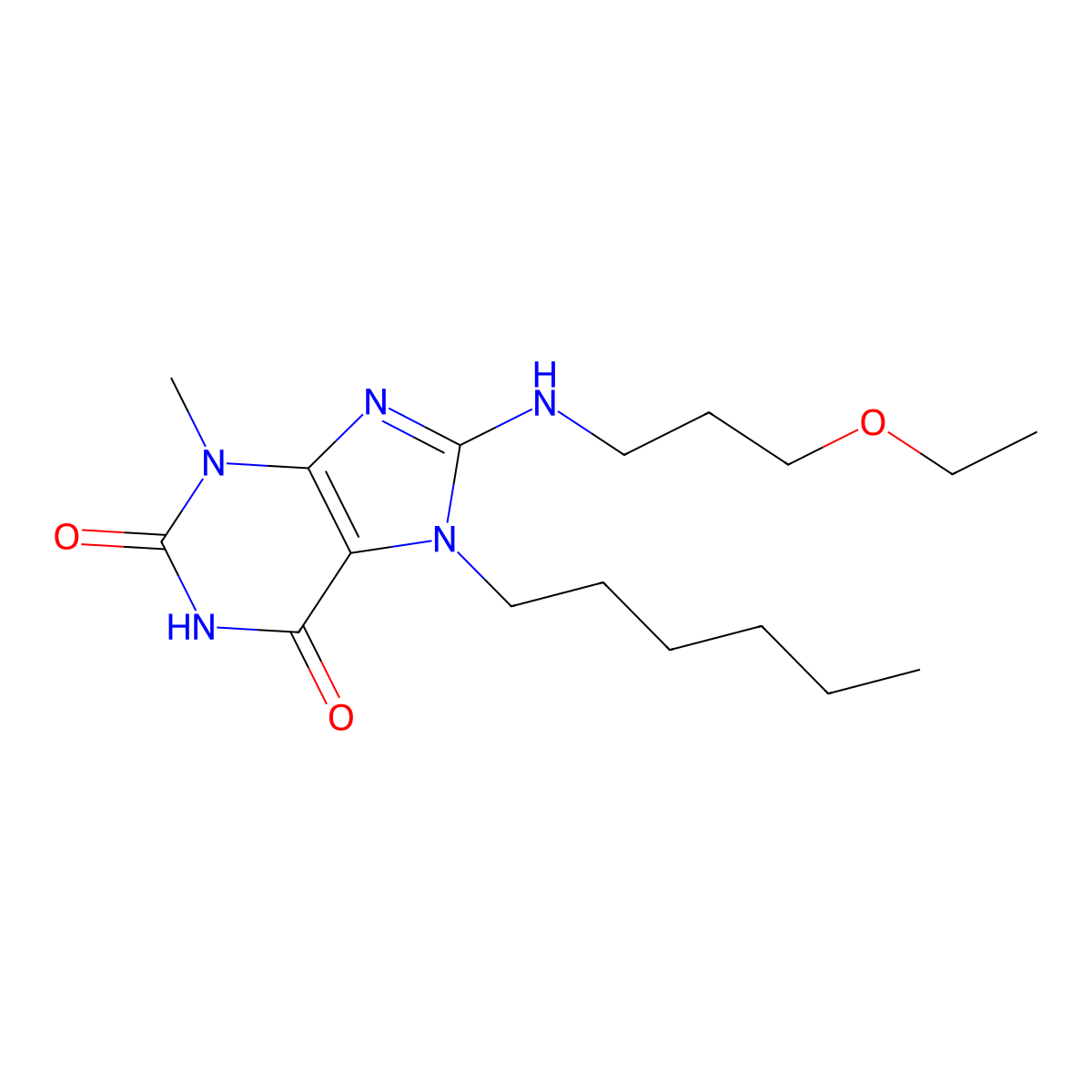 8-[(3-ethoxypropyl)amino]-7-hexyl-3-methyl-2,3,6,7-tetrahydro-1H-purine-2,6-dione molecular structure, CAS 673441-73-1