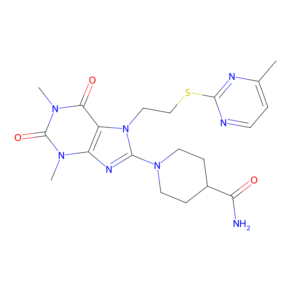 1-[1,3-Dimethyl-7-[2-(4-methylpyrimidin-2-yl)sulfanylethyl]-2,6-dioxopurin-8-yl]piperidine-4-carboxamide molecular structure, CAS 673441-85-5