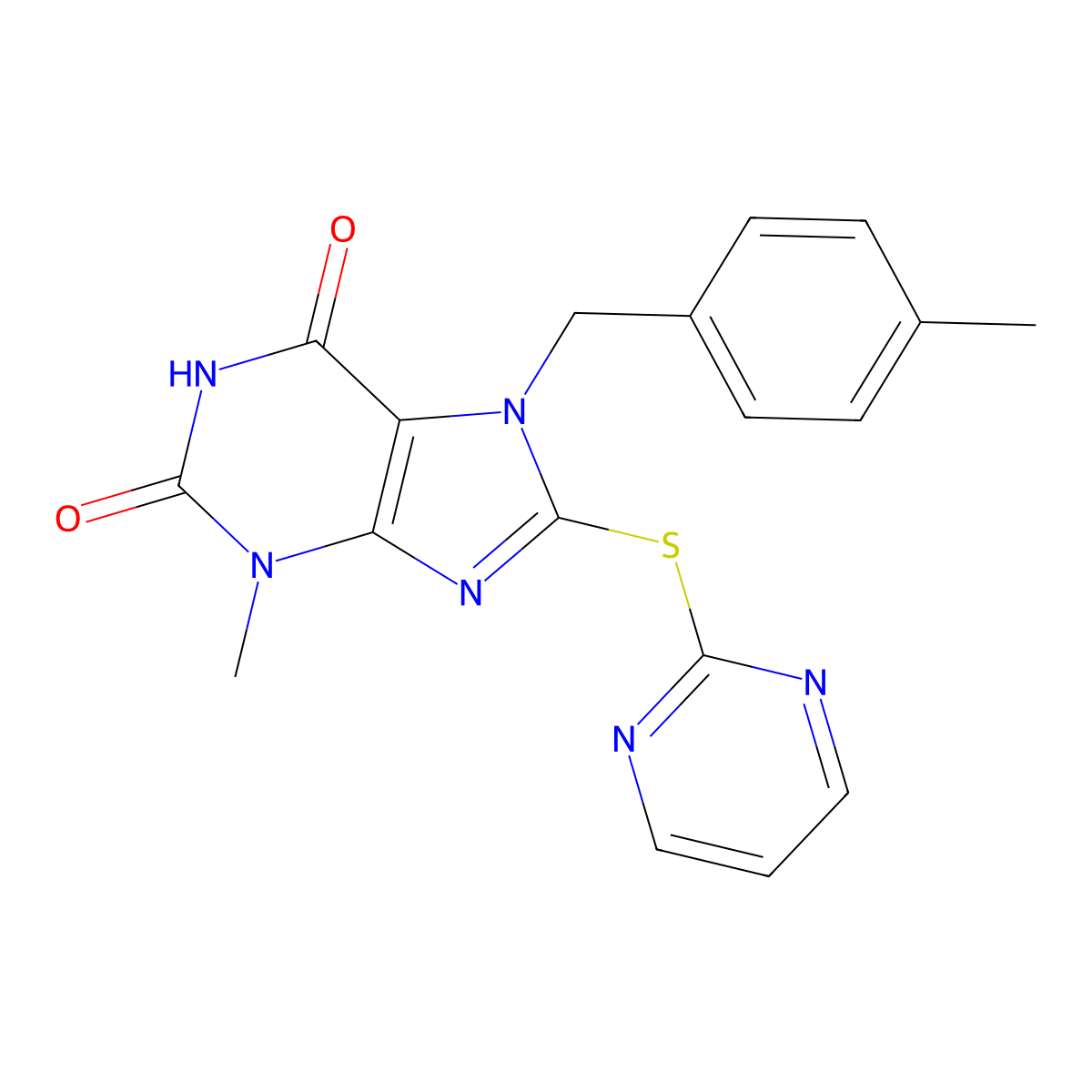 3-Methyl-7-(4-methyl-benzyl)-8-(pyrimidin-2-ylsulfanyl)-3,7-dihydro-purine-2,6-dione molecular structure, CAS 673441-94-6