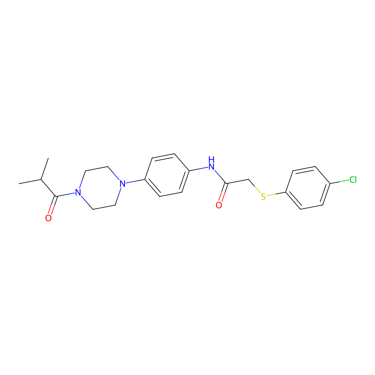 2-(4-chlorophenyl)sulfanyl-N-[4-[4-(2-methylpropanoyl)piperazin-1-yl]phenyl]acetamide molecular structure, CAS 673442-01-8