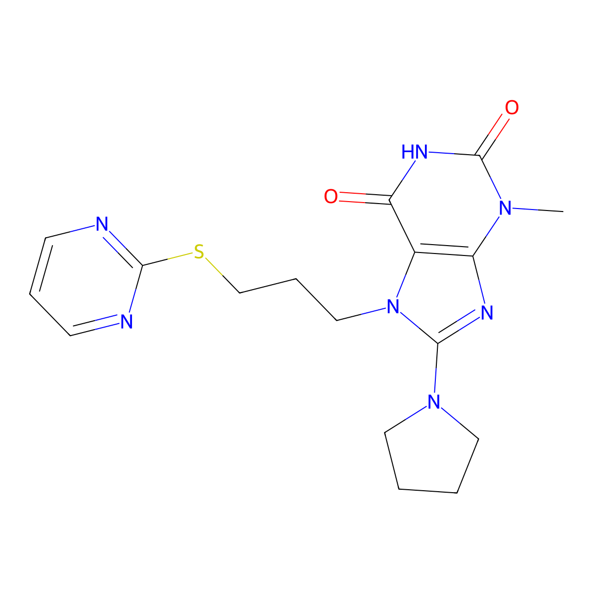 3-Methyl-7-(3-pyrimidin-2-ylsulfanylpropyl)-8-pyrrolidin-1-ylpurine-2,6-dione molecular structure, CAS 673442-52-9