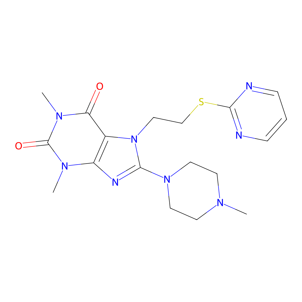1,3-Dimethyl-8-(4-methylpiperazin-1-yl)-7-(2-pyrimidin-2-ylsulfanylethyl)purine-2,6-dione molecular structure, CAS 673442-95-0