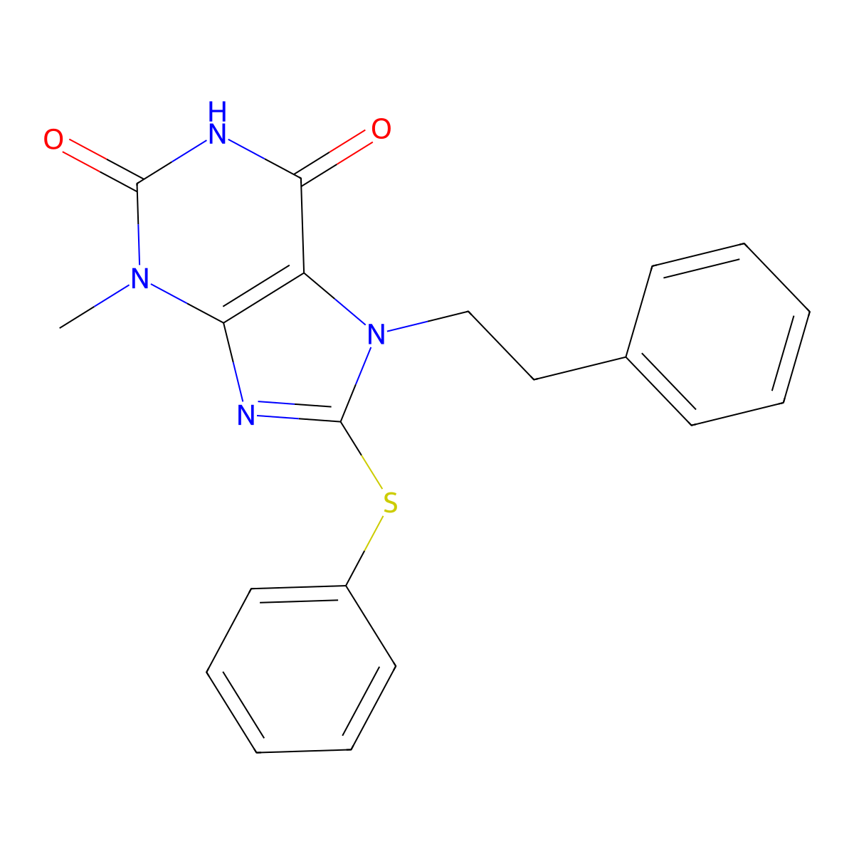 3-methyl-7-phenethyl-8-(phenylthio)-1H-purine-2,6(3H,7H)-dione molecular structure, CAS 673443-13-5