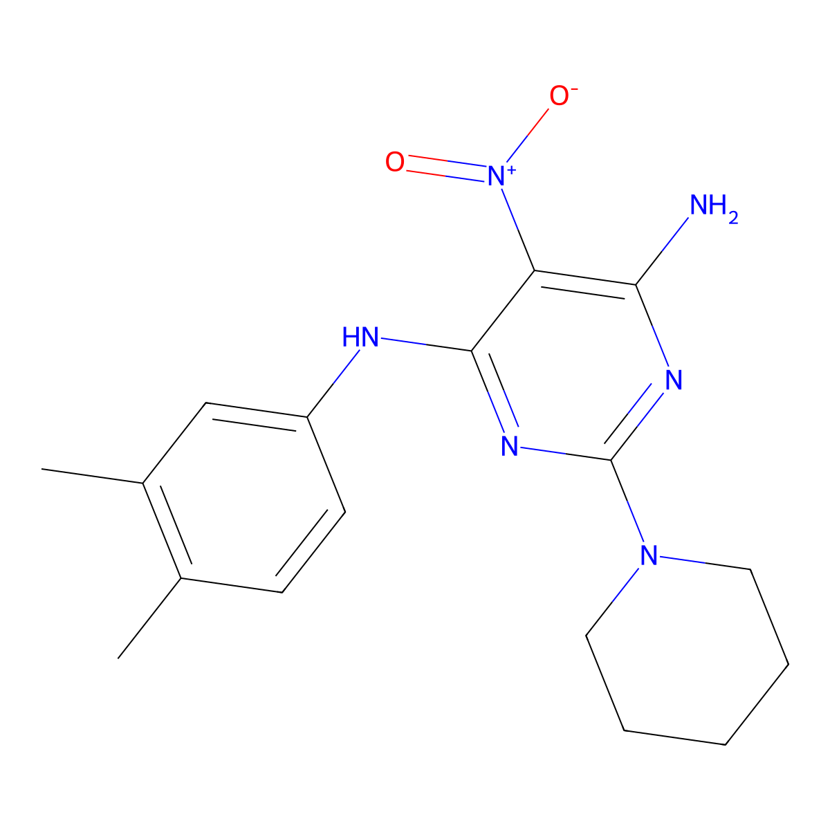 N4-(3,4-dimethylphenyl)-5-nitro-2-(piperidin-1-yl)pyrimidine-4,6-diamine molecular structure, CAS 673443-68-0