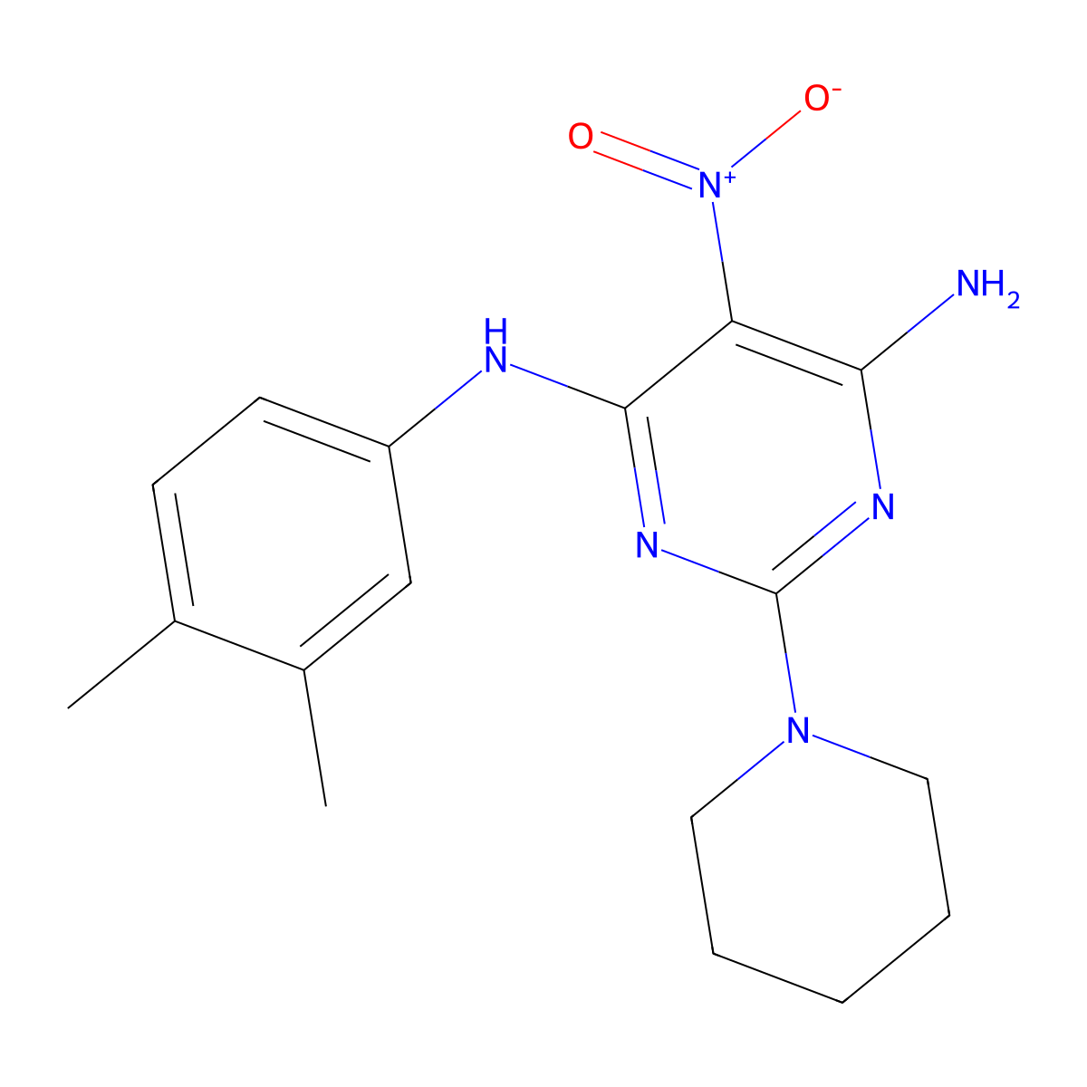 N4-(3,4-dimethylphenyl)-5-nitro-2-(piperidin-1-yl)pyrimidine-4,6-diamine molecular structure, CAS 673443-68-0