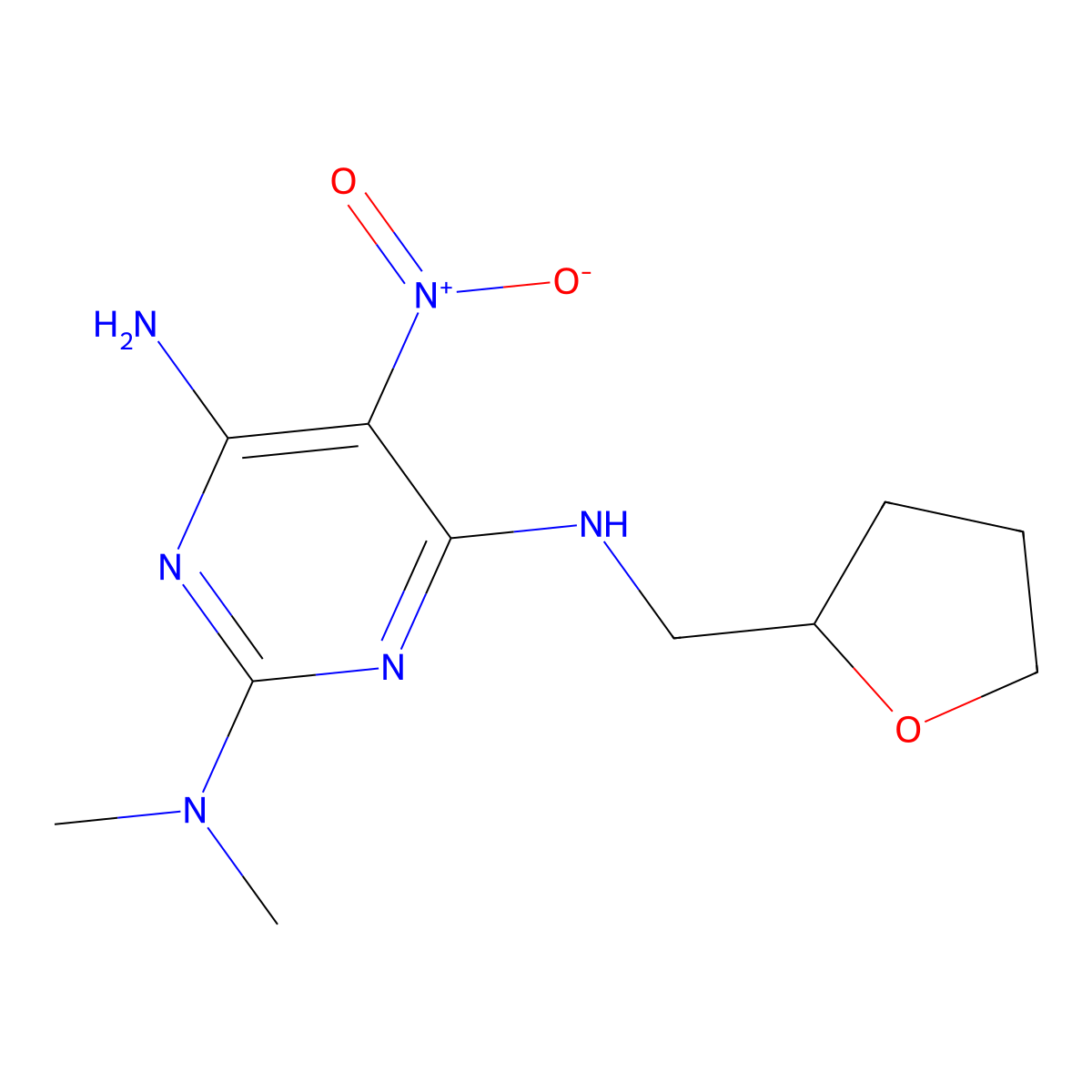 2-N,2-N-dimethyl-5-nitro-4-N-(oxolan-2-ylmethyl)pyrimidine-2,4,6-triamine molecular structure, CAS 673444-86-5