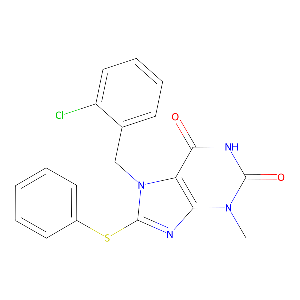 7-[(2-Chlorophenyl)methyl]-3-methyl-8-phenylsulfanylpurine-2,6-dione molecular structure, CAS 673444-97-8