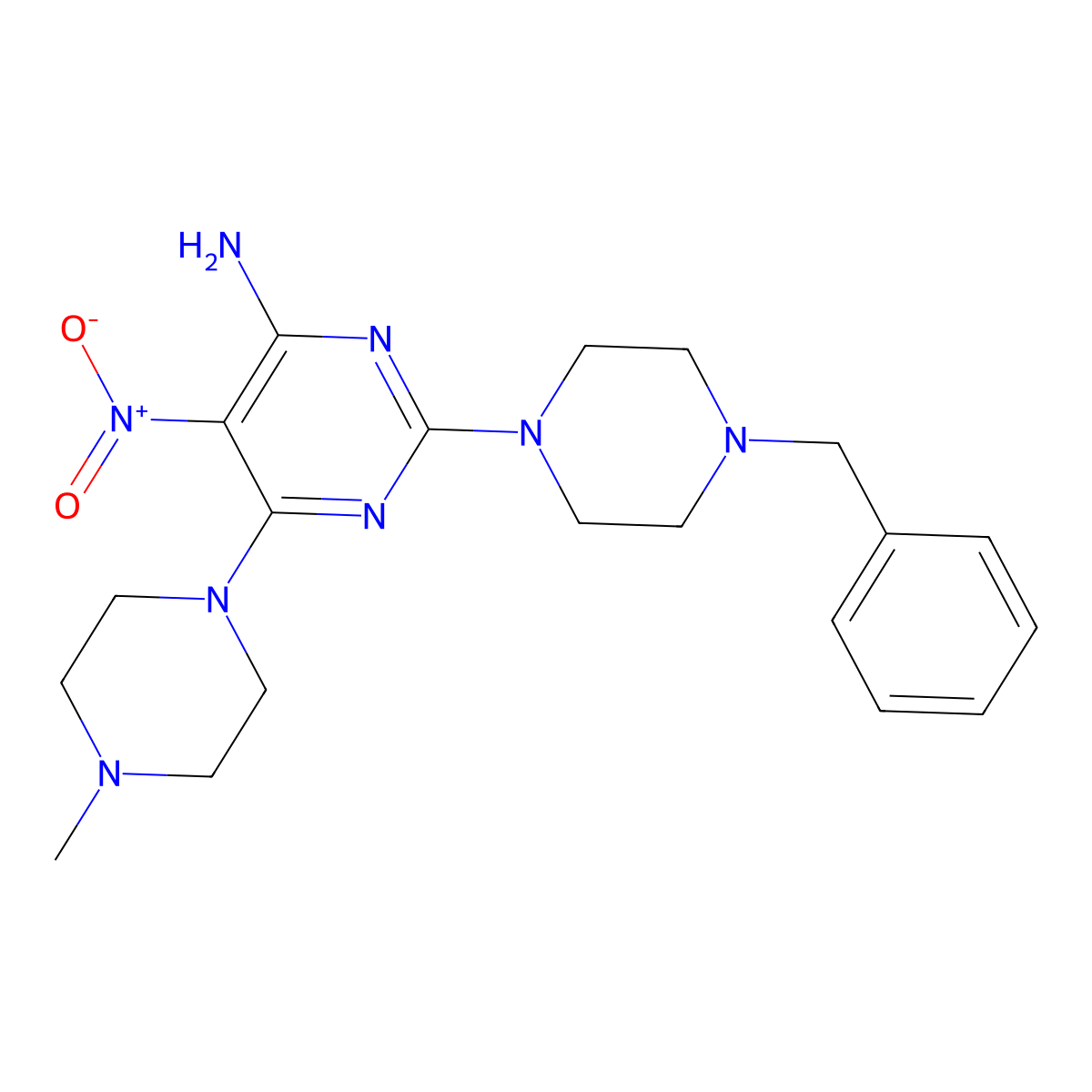 2-(4-Benzyl-1-piperazinyl)-6-(4-methyl-1-piperazinyl)-5-nitro-4-pyrimidinylamine molecular structure, CAS 673445-24-4