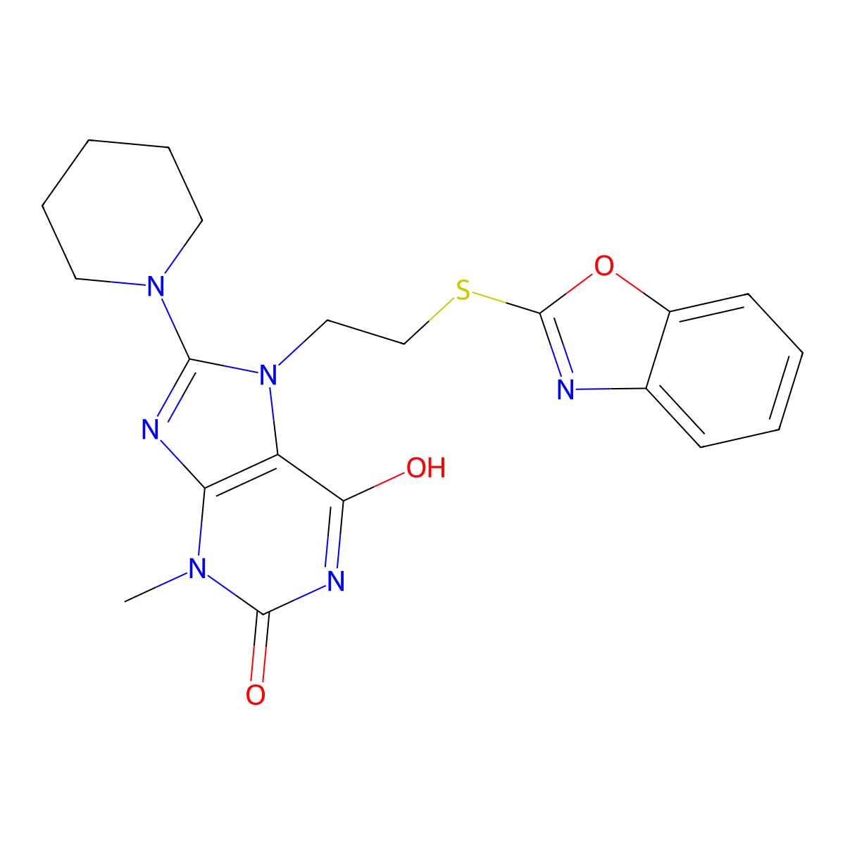 7-(2-(benzo[d]oxazol-2-ylthio)ethyl)-3-methyl-8-(piperidin-1-yl)-1H-purine-2,6(3H,7H)-dione molecular structure, CAS 673445-85-7