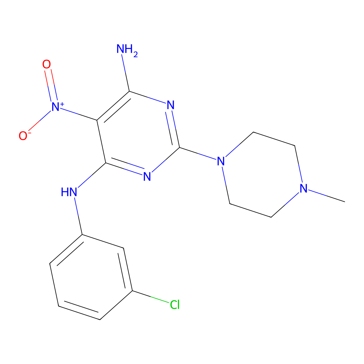 N4-(3-chlorophenyl)-2-(4-methylpiperazin-1-yl)-5-nitropyrimidine-4,6-diamine molecular structure, CAS 673445-88-0