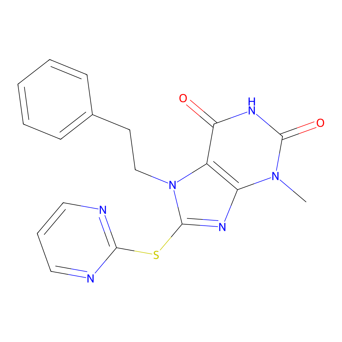 3-Methyl-7-(2-phenylethyl)-8-pyrimidin-2-ylthio-1,3,7-trihydropurine-2,6-dione molecular structure, CAS 673452-62-5