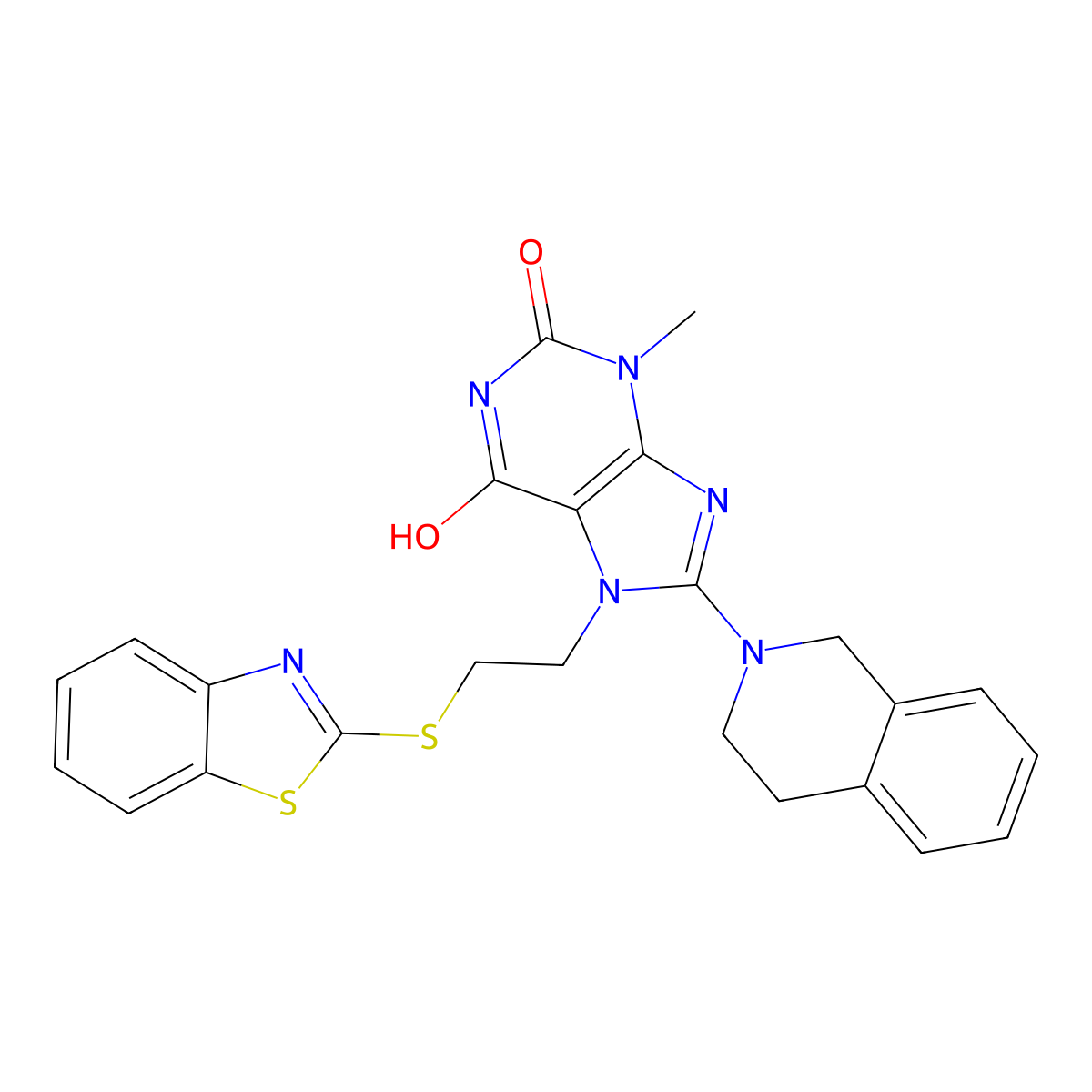 7-[2-(1,3-benzothiazol-2-ylsulfanyl)ethyl]-8-(3,4-dihydro-1H-isoquinolin-2-yl)-3-methylpurine-2,6-dione molecular structure, CAS 673454-23-4