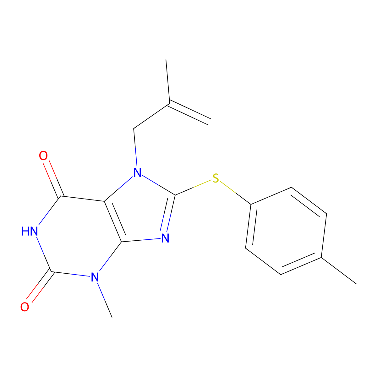 3-Methyl-8-(4-methylphenyl)sulfanyl-7-(2-methylprop-2-enyl)purine-2,6-dione molecular structure, CAS 673455-24-8