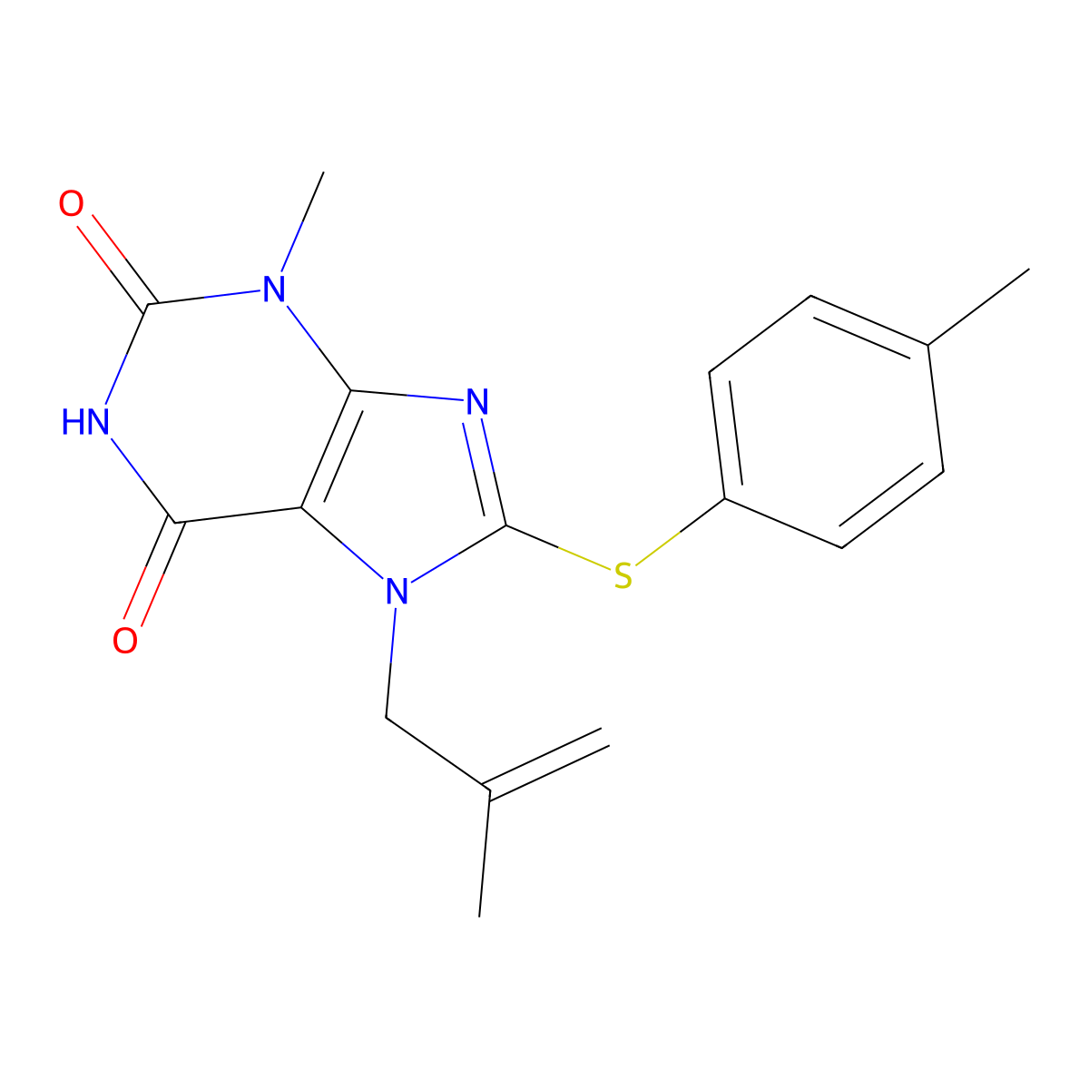 3-Methyl-8-(4-methylphenyl)sulfanyl-7-(2-methylprop-2-enyl)purine-2,6-dione molecular structure, CAS 673455-24-8