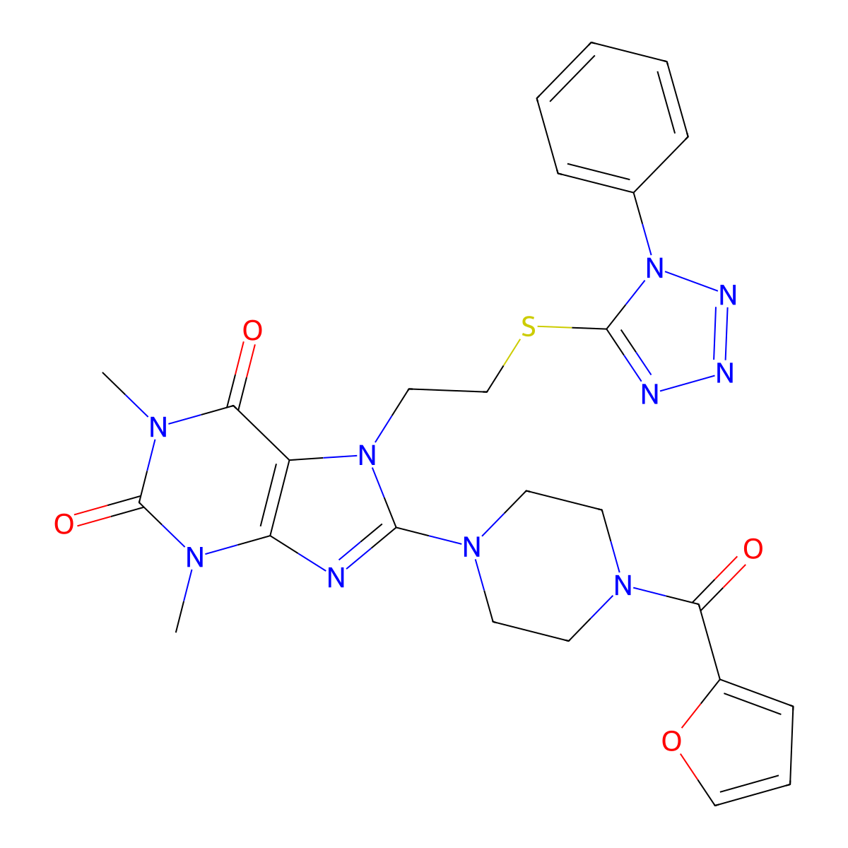 8-[4-(Furan-2-carbonyl)piperazin-1-yl]-1,3-dimethyl-7-[2-(1-phenyltetrazol-5-yl)sulfanylethyl]purine-2,6-dione molecular structure, CAS 673455-28-2