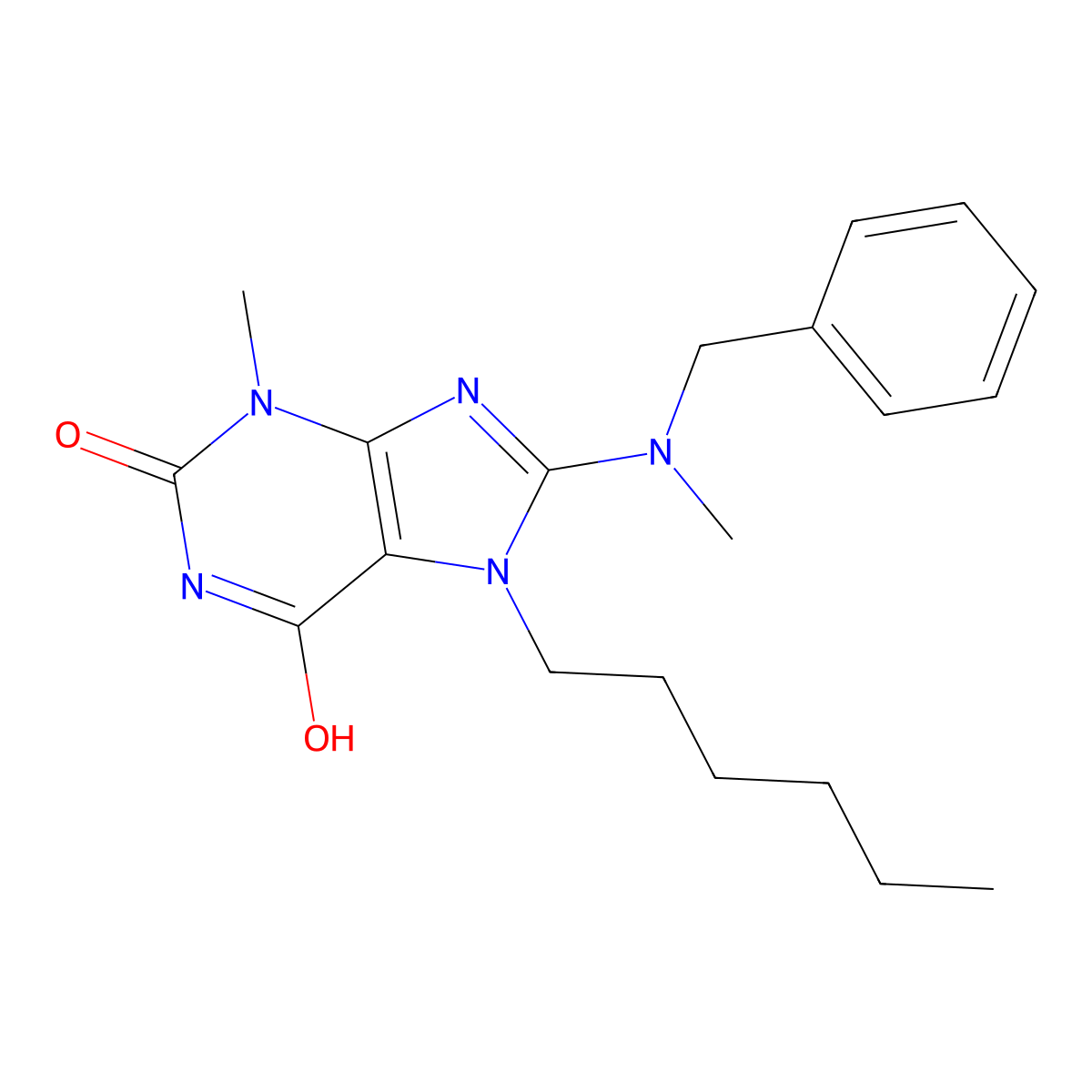 7-Hexyl-3-methyl-8-[methylbenzylamino]-1,3,7-trihydropurine-2,6-dione molecular structure, CAS 673455-29-3