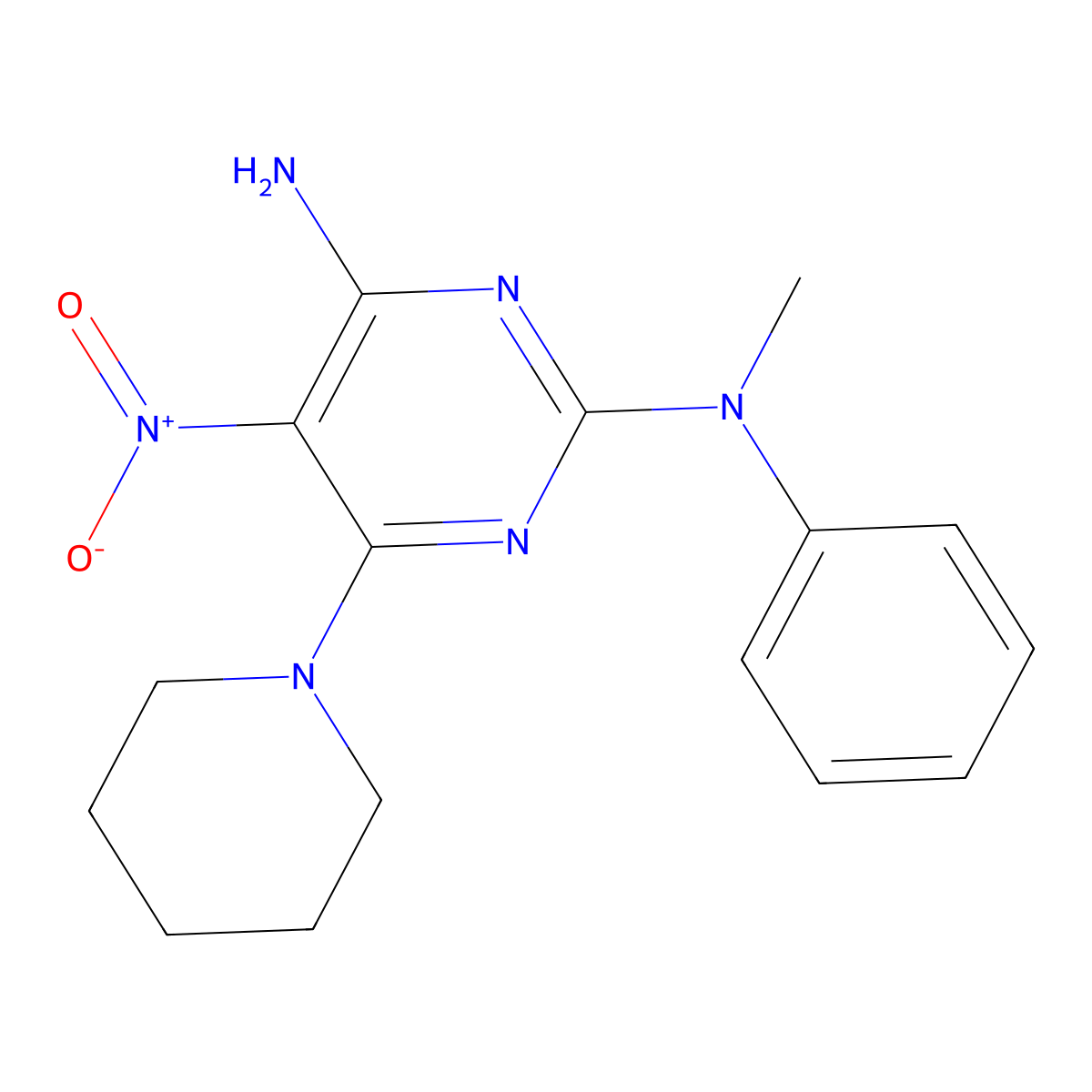 2-N-methyl-5-nitro-2-N-phenyl-6-piperidin-1-ylpyrimidine-2,4-diamine molecular structure, CAS 673489-27-5