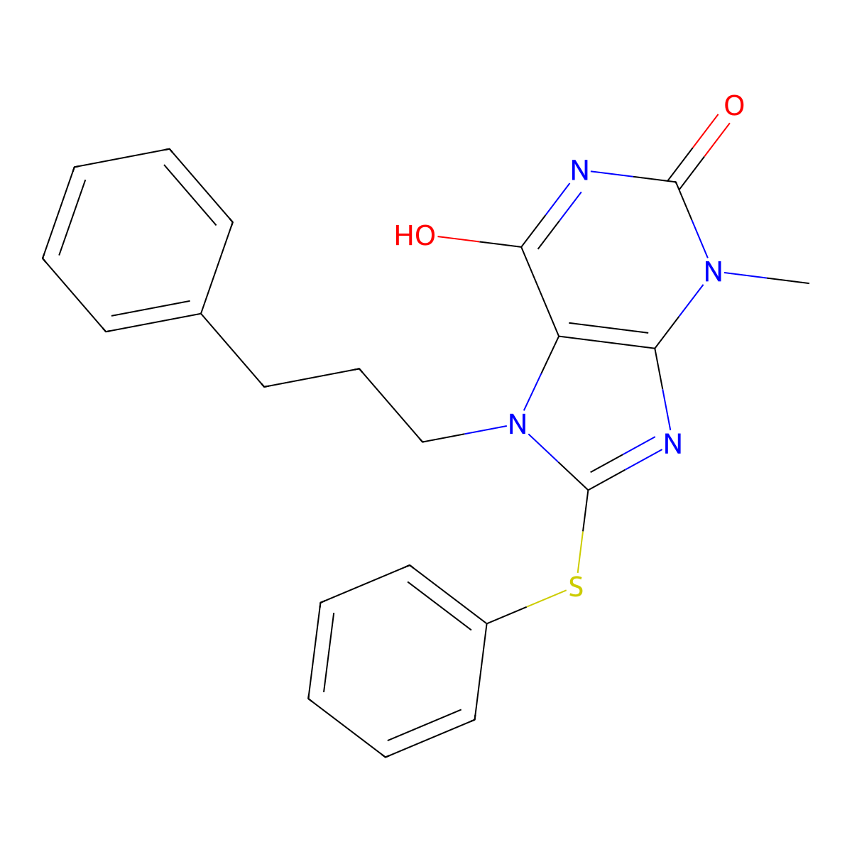 3-methyl-7-(3-phenylpropyl)-8-(phenylthio)-1H-purine-2,6(3H,7H)-dione molecular structure, CAS 673489-97-9