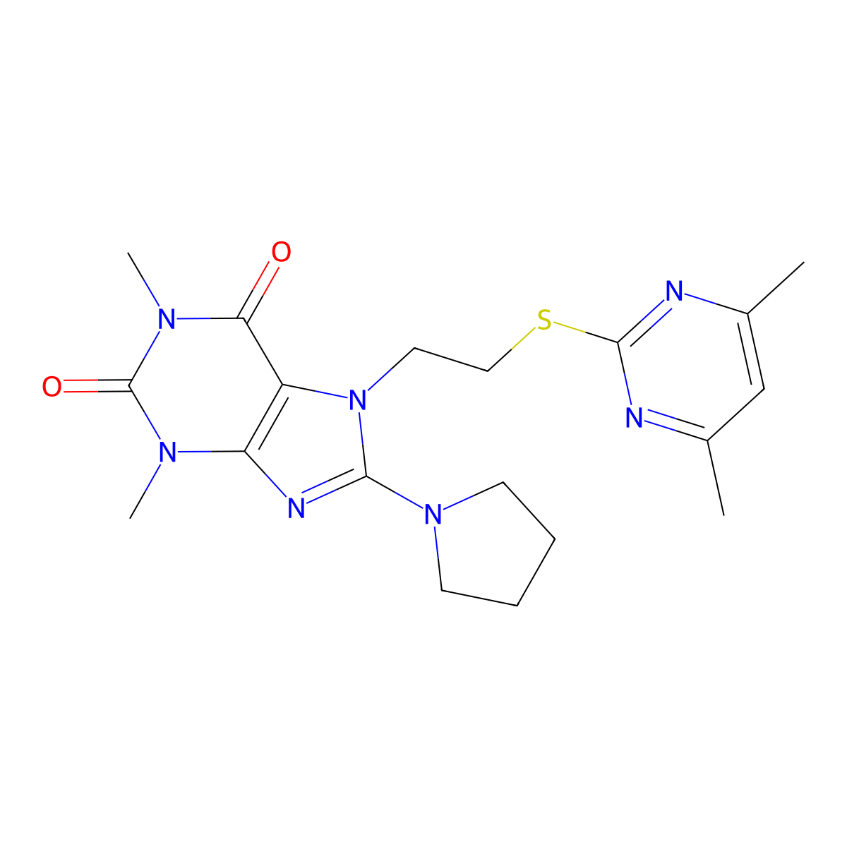 7-[2-(4,6-Dimethylpyrimidin-2-yl)sulfanylethyl]-1,3-dimethyl-8-pyrrolidin-1-ylpurine-2,6-dione molecular structure, CAS 673490-59-0