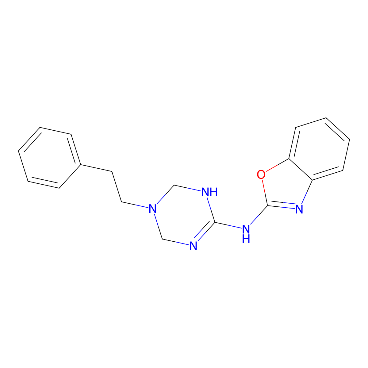 N-[5-(2-phenylethyl)-1,3,5-triazinan-2-ylidene]-1,3-benzoxazol-2-amine molecular structure, CAS 673490-60-3