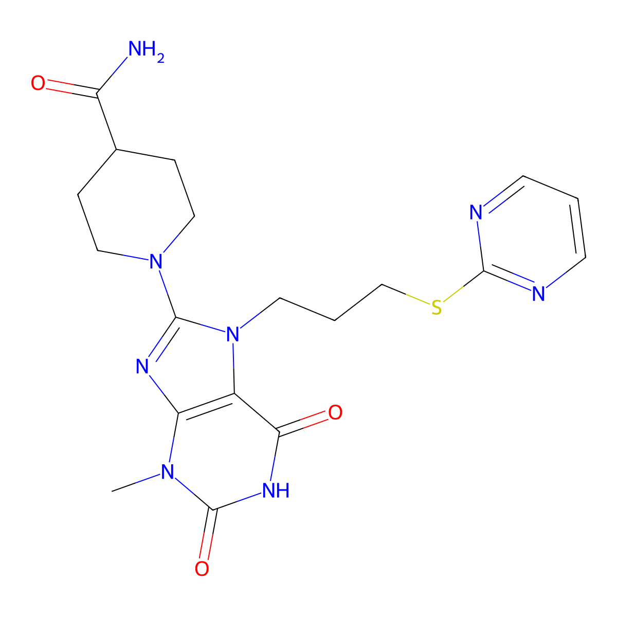 1-[3-Methyl-2,6-dioxo-7-(3-pyrimidin-2-ylsulfanylpropyl)purin-8-yl]piperidine-4-carboxamide molecular structure, CAS 673490-76-1