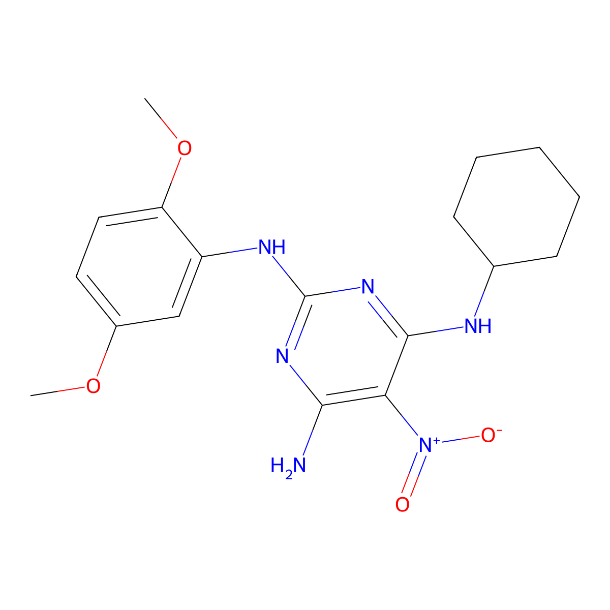 N4-cyclohexyl-N2-(2,5-dimethoxyphenyl)-5-nitropyrimidine-2,4,6-triamine molecular structure, CAS 673491-06-0