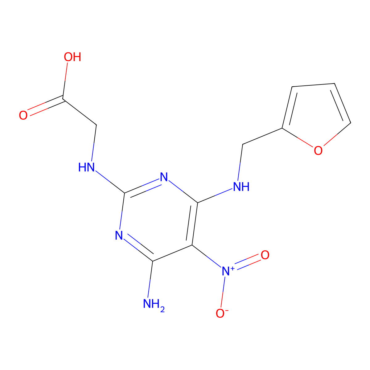 2-((4-Amino-6-((furan-2-ylmethyl)amino)-5-nitropyrimidin-2-yl)amino)acetic acid molecular structure, CAS 673491-16-2