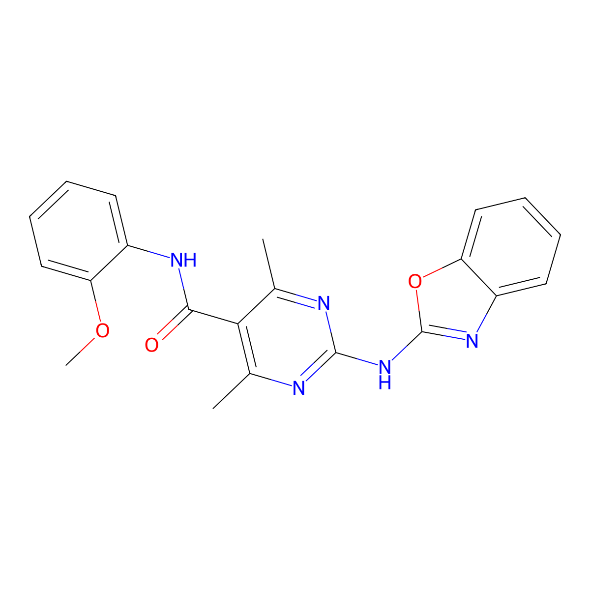2-(1,3-benzoxazol-2-ylamino)-N-(2-methoxyphenyl)-4,6-dimethylpyrimidine-5-carboxamide molecular structure, CAS 673491-29-7