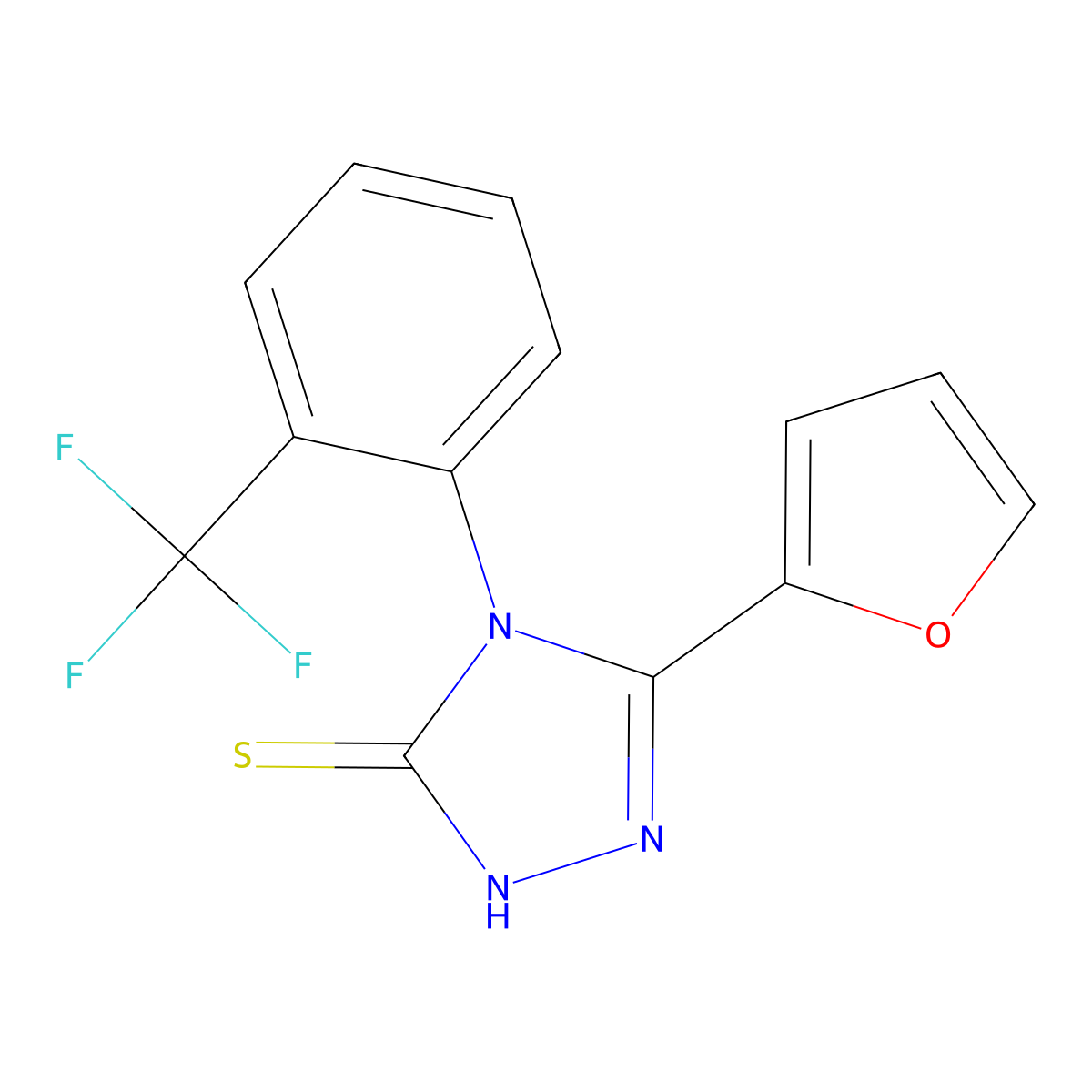5-Furan-2-yl-4-(2-trifluoromethyl-phenyl)-4H-[1,2,4]triazole-3-thiol molecular structure, CAS 673491-39-9
