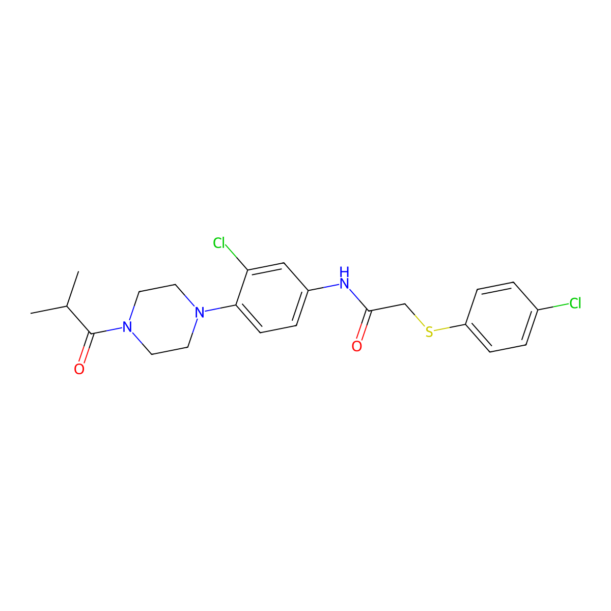 N-[3-chloro-4-[4-(2-methylpropanoyl)piperazin-1-yl]phenyl]-2-(4-chlorophenyl)sulfanylacetamide molecular structure, CAS 673493-50-0