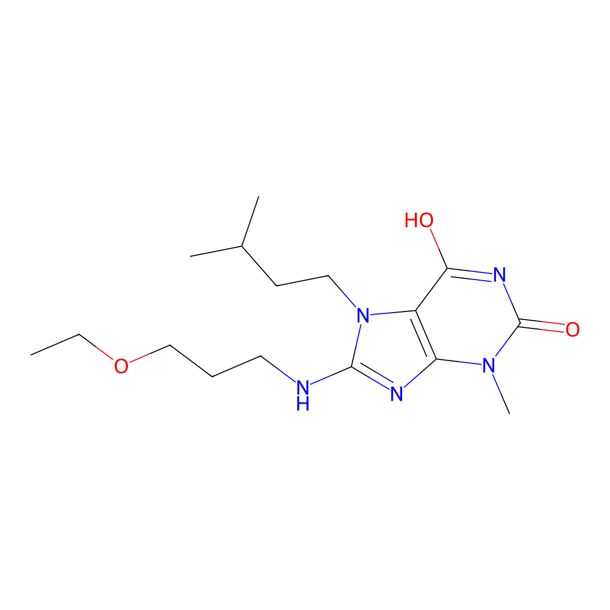 8-((3-ethoxypropyl)amino)-7-isopentyl-3-methyl-1H-purine-2,6(3H,7H)-dione molecular structure, CAS 673493-86-2