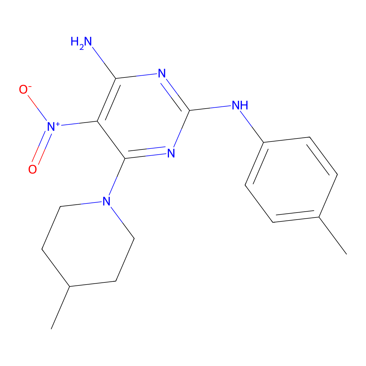 6-(4-methylpiperidin-1-yl)-5-nitro-N2-(p-tolyl)pyrimidine-2,4-diamine molecular structure, CAS 673493-90-8