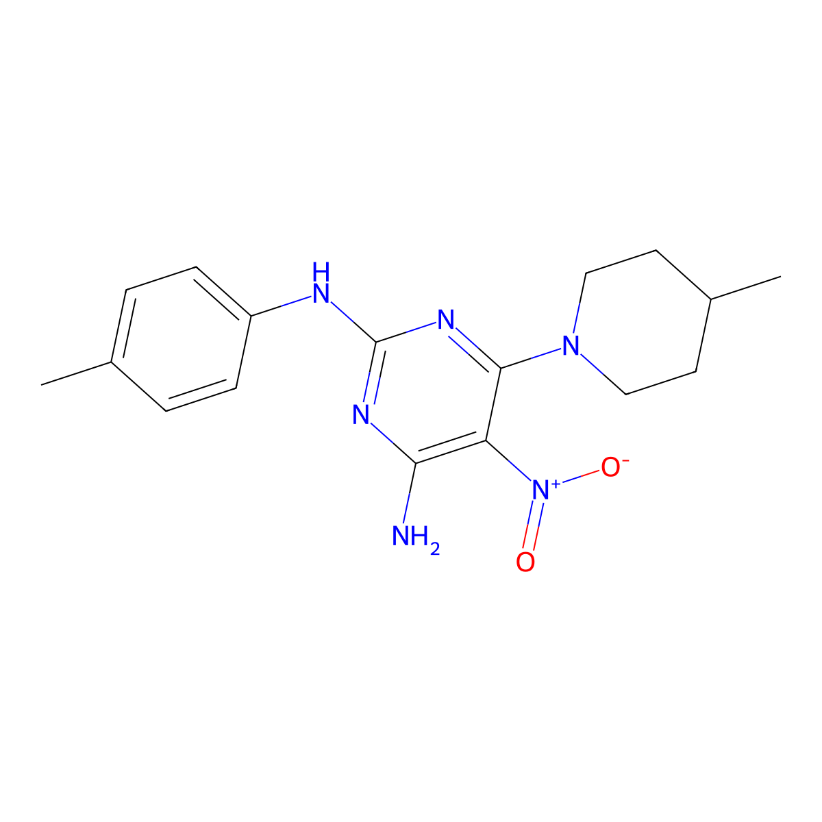 6-(4-methylpiperidin-1-yl)-5-nitro-N2-(p-tolyl)pyrimidine-2,4-diamine molecular structure, CAS 673493-90-8