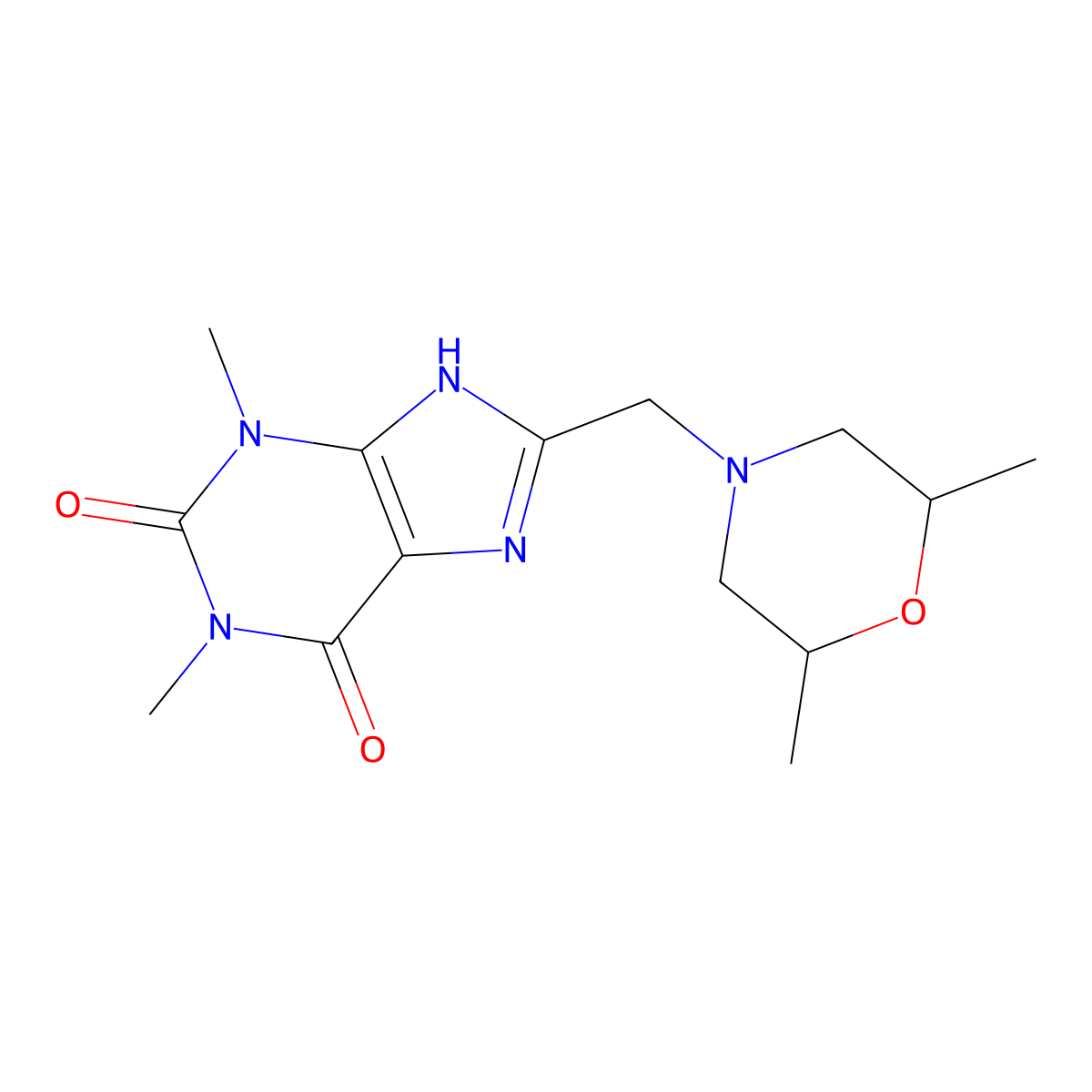 8-[(2,6-dimethylmorpholin-4-yl)methyl]-1,3-dimethyl-7H-purine-2,6-dione molecular structure, CAS 673493-99-7