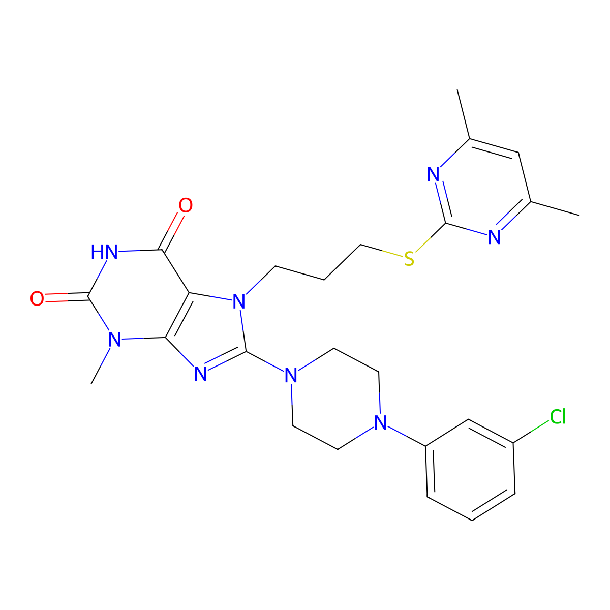 8-[4-(3-Chlorophenyl)piperazin-1-yl]-7-[3-(4,6-dimethylpyrimidin-2-yl)sulfanylpropyl]-3-methylpurine-2,6-dione molecular structure, CAS 673494-30-9