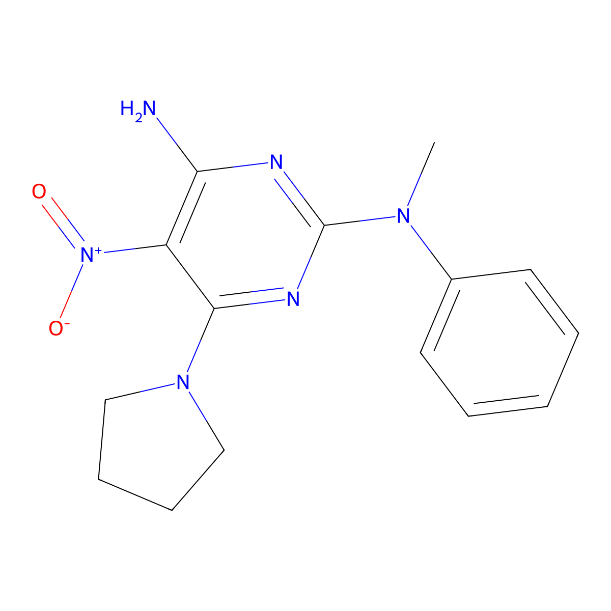 2-N-methyl-5-nitro-2-N-phenyl-6-pyrrolidin-1-ylpyrimidine-2,4-diamine molecular structure, CAS 673494-38-7