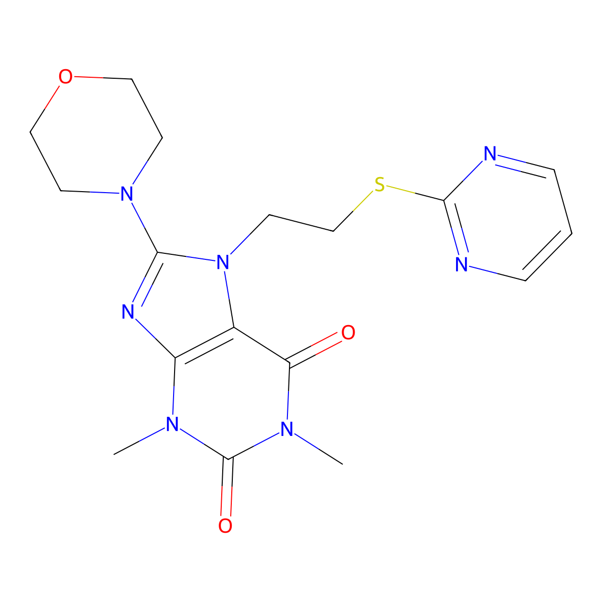 1,3-dimethyl-8-morpholino-7-(2-(pyrimidin-2-ylthio)ethyl)-1H-purine-2,6(3H,7H)-dione molecular structure, CAS 673494-46-7