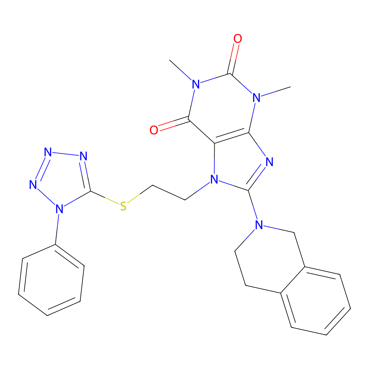 8-(3,4-dihydro-1H-isoquinolin-2-yl)-1,3-dimethyl-7-[2-(1-phenyltetrazol-5-yl)sulfanylethyl]purine-2,6-dione molecular structure, CAS 673494-67-2