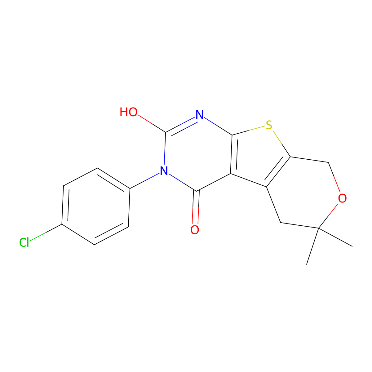 3-(4-chlorophenyl)-6,6-dimethyl-5,6-dihydro-1H-pyrano[4',3':4,5]thieno[2,3-d]pyrimidine-2,4(3H,8H)-dione molecular structure, CAS 673495-58-4