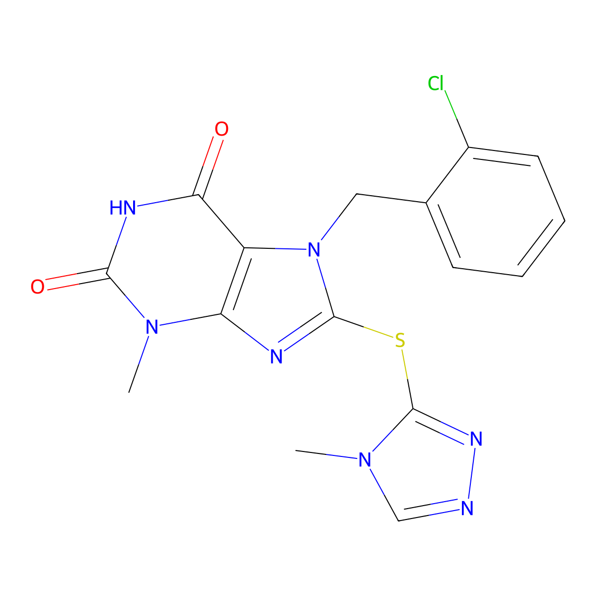7-[(2-Chlorophenyl)methyl]-3-methyl-8-[(4-methyl-1,2,4-triazol-3-yl)sulfanyl]purine-2,6-dione molecular structure, CAS 673496-83-8