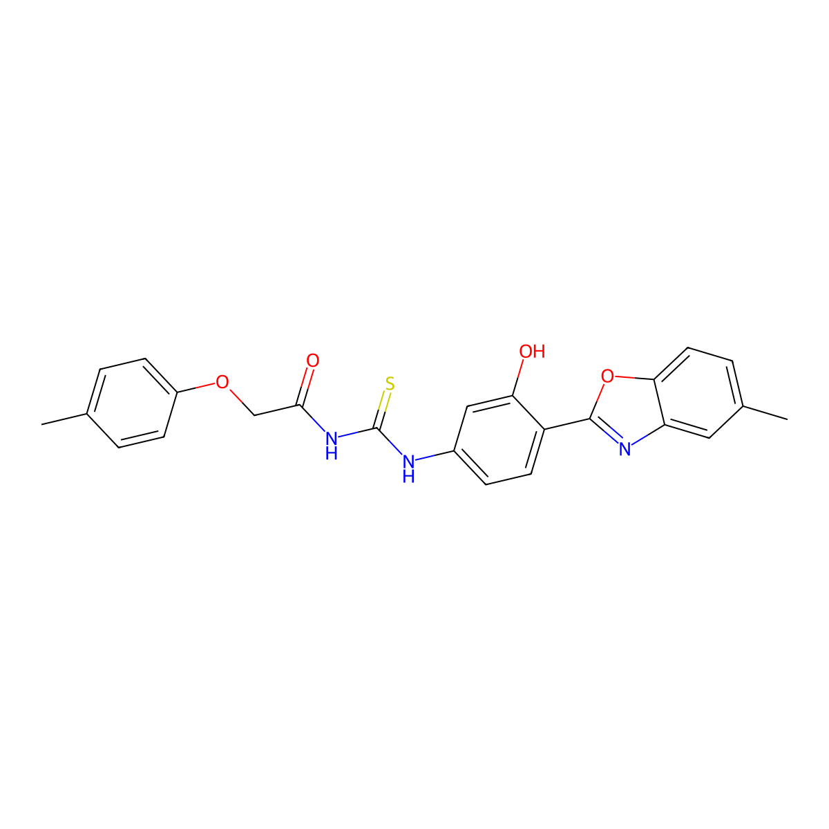 N-((3-hydroxy-4-(5-methylbenzo[d]oxazol-2-yl)phenyl)carbamothioyl)-2-(p-tolyloxy)acetamide molecular structure, CAS 673497-57-9